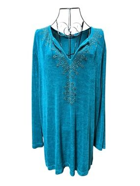 Vikki Vi Teal Embellished V-Neck Long Sleeve Tunic 1X